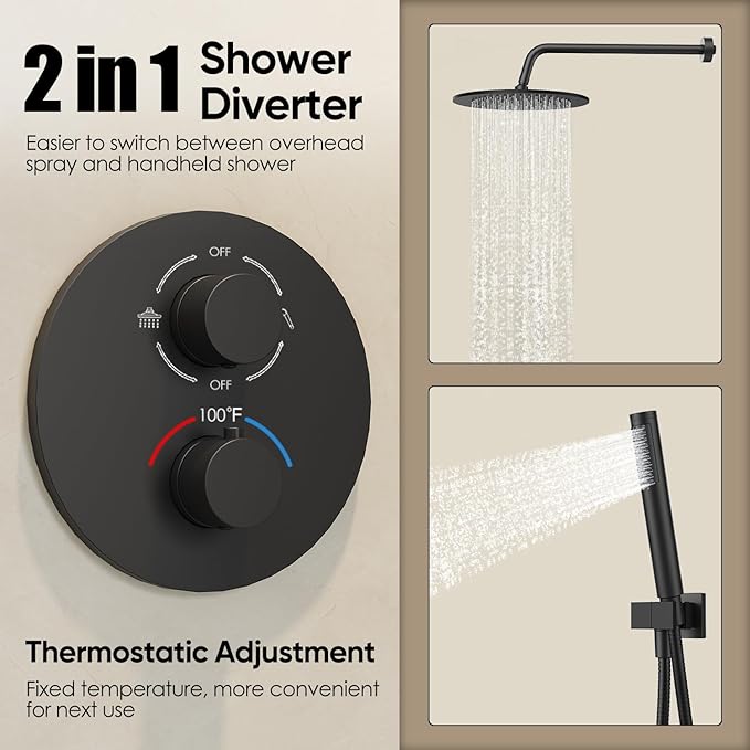 Gabrylly Thermostatic Shower Faucet Set, All Metal Shower System with Anti Scald Shower Valve, High Pressure 10" Rain Shower head with Handheld Spray Combo, Matte Black