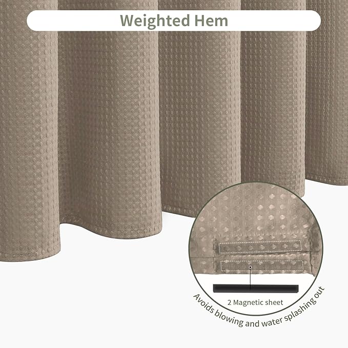 Inhousolu Fabric Shower Curtain Waffle Weave, 230 GSM Heavy Duty, Weighted Hem, 14 Metal Hooks, Water Repellent, Machine Washable, Hotel Spa Luxury Bath Curtain Set, 72 x 84 Inch, Beige