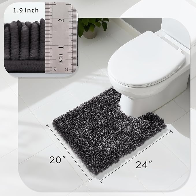 Yimobra Toilet Rugs U Shaped Washable, Soft Comfortable Toilet Mat for Bathroom Floor, Non-Slip Contour Bathroom Rugs for Toilet, Fluffy, Thick, Dry Quickly Absorbent Water, 24 x 20, Dark Grey