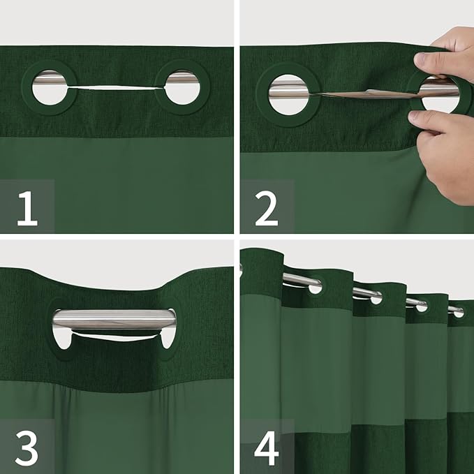 No Hooks Needed Linen Textured Shower Curtain with Snap-in Fabric Liner Set,Hotel Luxury Decor Shower Curtains for Bathroom with Mesh Top Window,Waterproof & Washable,71Wx74H,Emerald Green