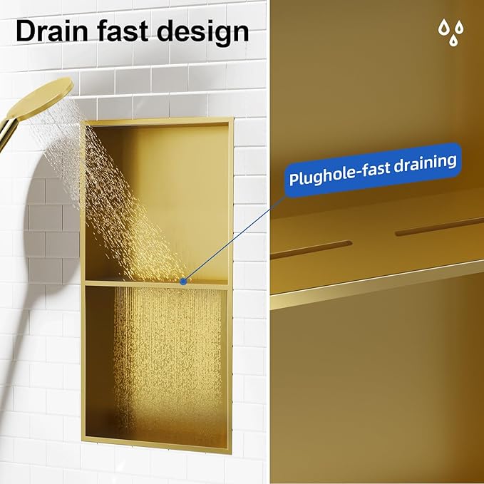 Bathbliss Shower Niche, No‑Tile Recessed Wall Niche, 11.18"x22.3" SUS304 Stainless Steel Double Shelf, Leak‑Proof Waterproof for Bathroom Storage, Brushed Gold