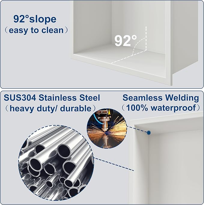Neodrain 8X36 Inch White Three Layers Stainless Steel Shower Niche, NO Tile Needed Recessed Niche Shelf for Bathroom Storage, 3-Tier Recessed Built-in Wall Niche