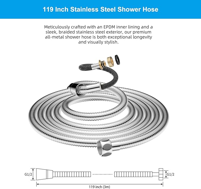 Hibbent All Metal Shower Hose, 119 Inch Stainless Steel Extra Long Shower Hose Replacement, Brass Insert & Nut, Anti-Twist Handheld Shower Head Hose Extension, Flexible Shower Hose Attachment, Chrome