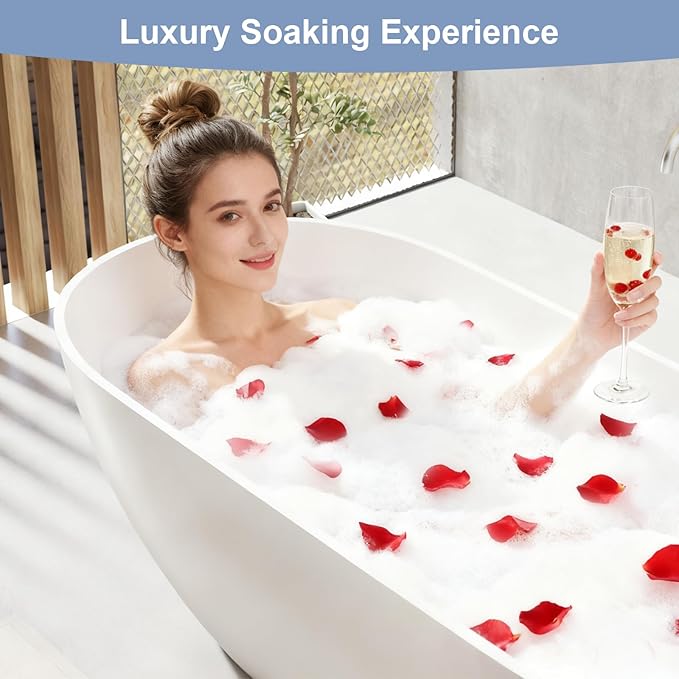 59 Inch Solid Surface Freestanding Bathtub, Oval Shaped Soaking Stone Resin Bath Tub with Brushed Overflow and Drain, Matte White Stand Alone Bathtub, cUPC Certified