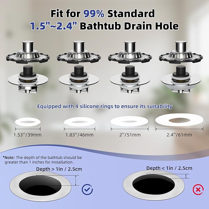 Universal Bathtub Drain Stopper Shower Drain Hair Catcher, Tub Stopper with Visible Top Strainer, Upgraded 3 in 1 Pop-up Drain Plug Fit for 1.5 to 2.4" Hole, Stainless Steel Filter Basket, Chrome