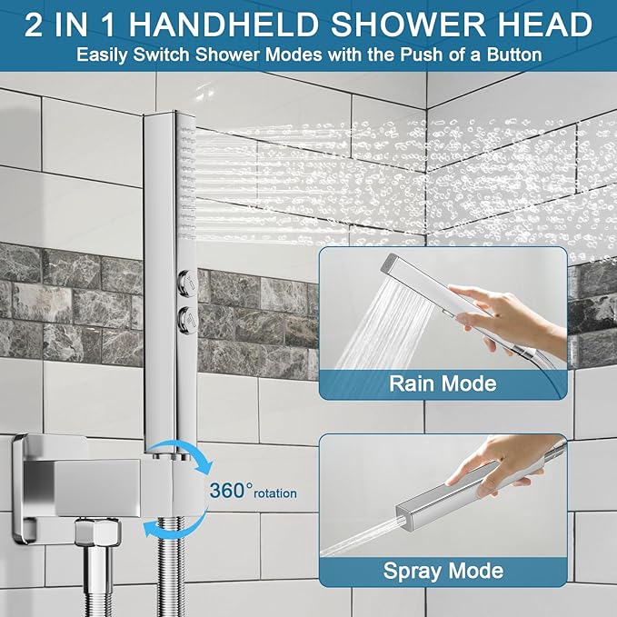 Shower Faucet Set Polished Chrome Shower System, Ceiling Mount 10 Inch Shower Head With Wall Mount 6 Inch Shower Head and 2 in 1 Handheld Spray, Push Button Diverter Shower Valve Trim Kit