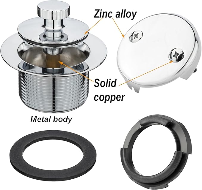 (1 Pack) Yariwiz 1-1/2" Polished Chrome Bathtub Tub Drain Kit Bath Waste Overflow Drain Tube Assembly with Universal Lift & Turn Bathtub Drain and Overflow Faceplate Polished Chrome