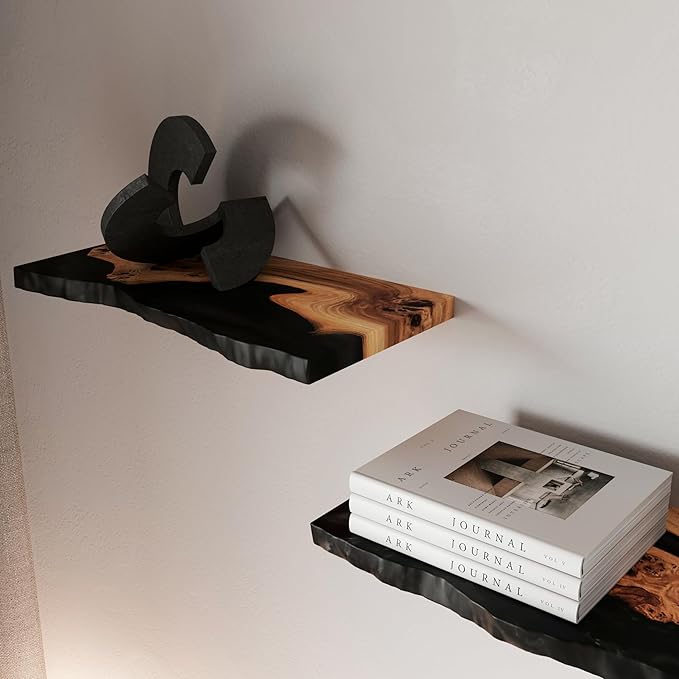 RWA Live Edge Floating Shelf – Unique Wood Floating Shelf for Wall Decor, Living Room, Bedroom, or Bathroom – Stylish Decorative Wall Shelves for Home & Office (Live Edge, Black - 24x7)