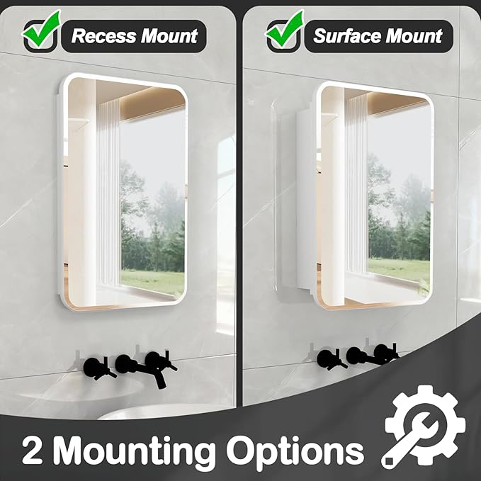 Rectangle Medicine Cabinet with Beveled Edge Mirror, No-Assembly Bathroom Wall Cabinet with Mirror, Adjustable Shelves, Tissue Slot, Recessed or Surface Mount (36" H x 24" W)
