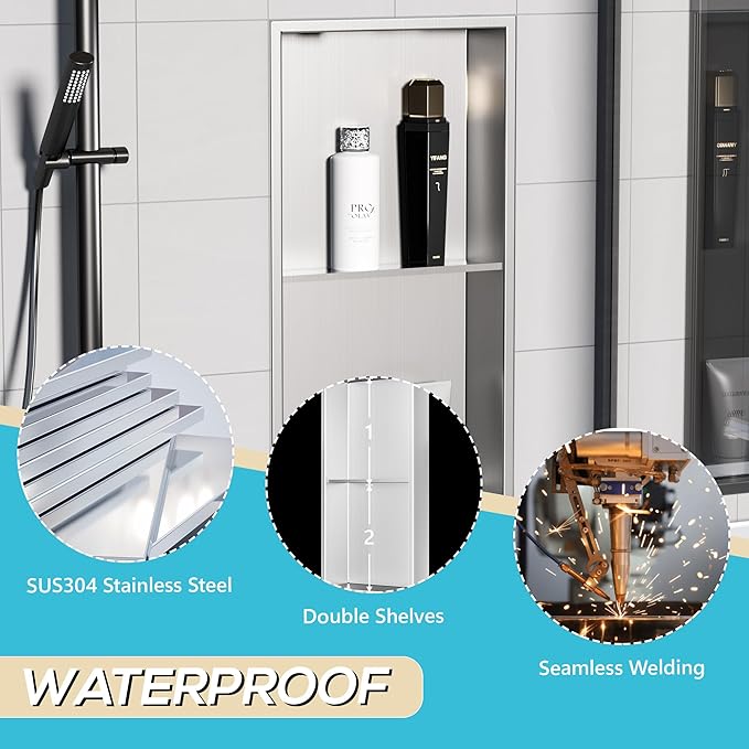 Stainless Steel Shower Niche 24" X 12", No Tile Needed Wall Niche Double Shelves, Recessed Niche Shower for Bathroom Storage, Brushed Nickel