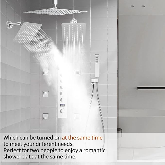 Triple Shower Head Shower System Chrome Full Body Shower System with Digital Display Shower Valve, 12"+8"+8" Three Top Shower Heads,Handheld Shower and Body Jets