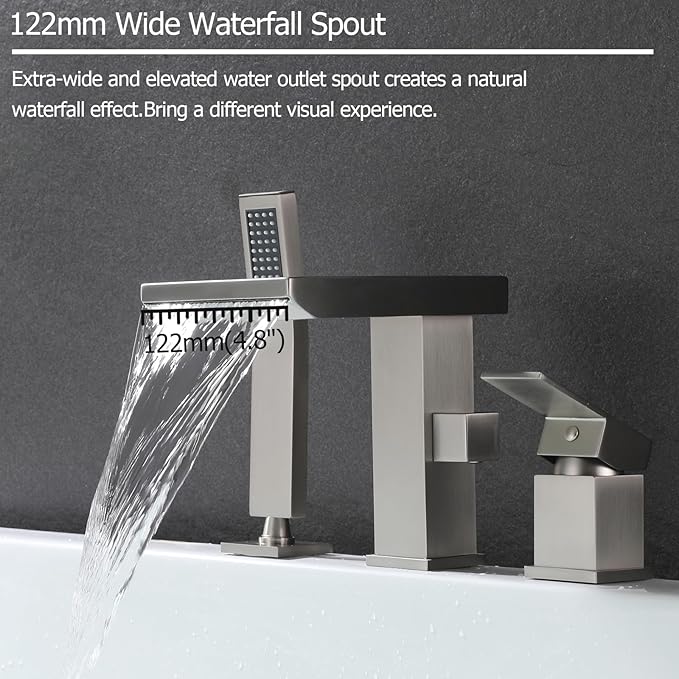 Waterfall Roman Tub Faucet with Hand Shower, Deck Mount Tub Filler Bathtub Faucet with Sprayer, Brass Widespread 3 Hole Bathtub Shower Faucet Set, Brushed Nickel
