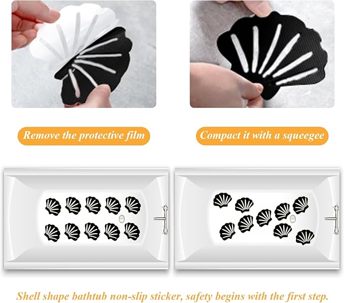 Bathtub Stickers Non Slip, Shell Shaped Tubs Safety Shower Treads, Adhesive Sticker for Bathroom Bathtub, Shower Floor, Black(12Pcs)