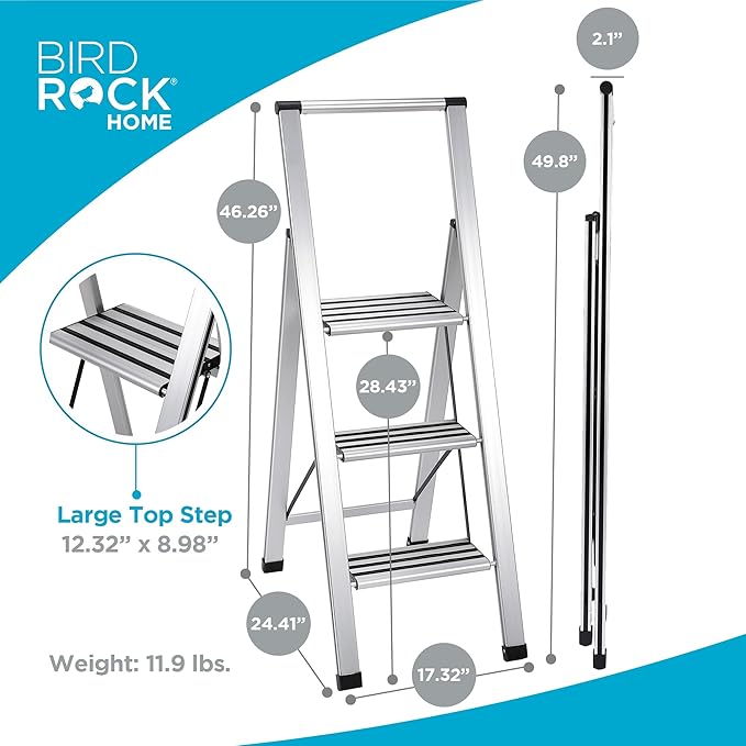 BIRDROCK HOME 3 Step Ladder | Folding Anti-Slip Step Stool, 250 lb Capacity | Lightweight, Slim & Sturdy Design for Household, Kitchen, Garage, Indoor & Outdoor Use | Collapsible, Portable, Heavy-Duty