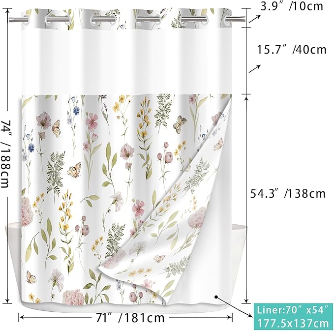 No Hook Shower Curtain Set with Snap in Fabric Liner for Bathroom,with See Through Top Window,Double Shower Curtain with Detachable Liner Replacement,Machine Washable,Floral,71x74inch