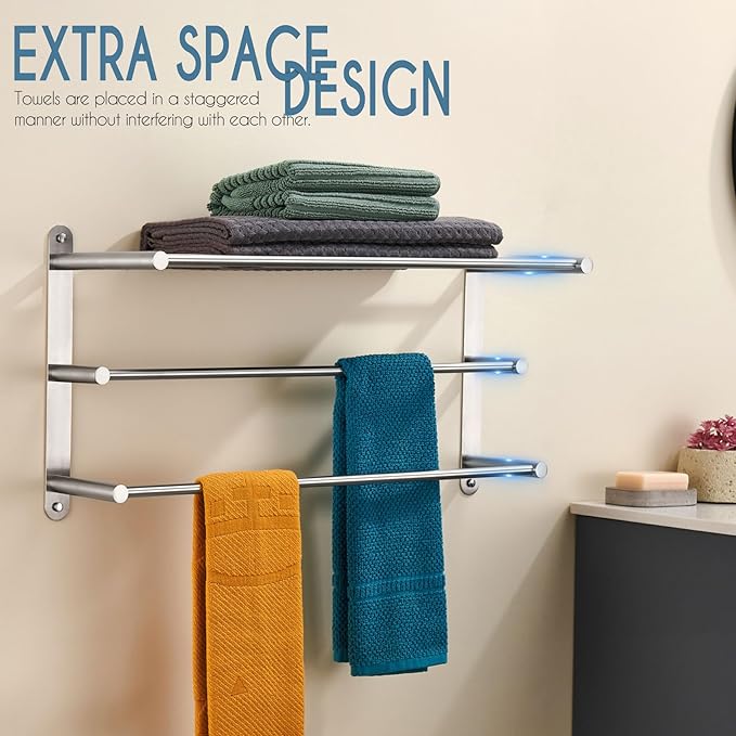 KOKOSIRI 3 Tier Bath Towel Bar 24 Inch Wall Mounting Rack with Towel Bars Towel Shelf with Single Towel Bar Bathroom Ladder, Brushed Steel, B5003BR