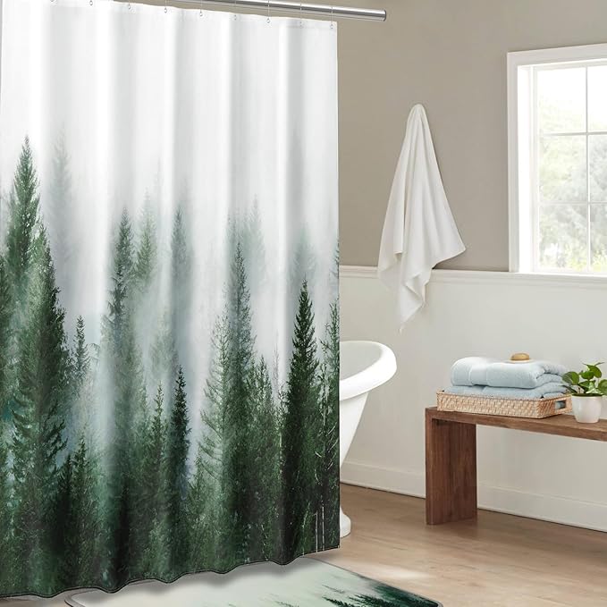 ORTIGIA 60x72 Misty Forest Stall Shower Curtain for Small Bathroom, Green Narrow Nature Woodland Shower Curtain Set with Hooks, Waterproof Fabric Pine Tree Fog Magic Home Bath Curtain