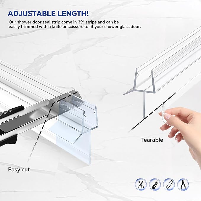 2-Pack Frameless Shower Door Bottom Seal (3/8" X 39") Clear Glass Seal Strip Shower Door Sweep - Stop Shower Leaks