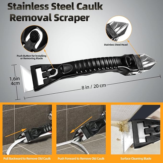 Caulk Removal Tool Kit Caulking Spatula Stainless Steel Head Grout Remover Angle Scraper Trowel with Sealant Finishing Tools Silicone Smoother with Storage Box for Window Siding Sink Joint