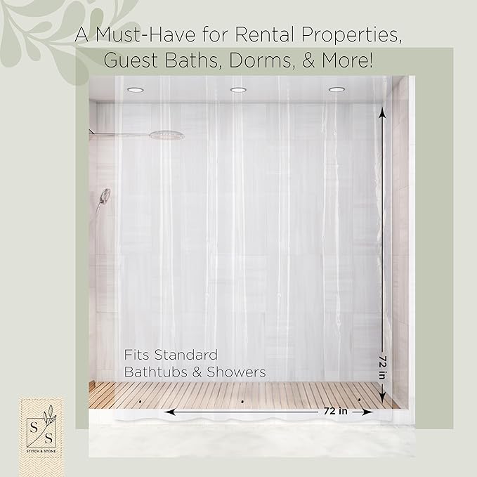 Stitch & Stone Shower Curtain Liner, Premium Heavyweight Durable Waterproof 8g PEVA for Bathroom with Weighted Magnets, Standard Size 72" x 72", Clear 1 Pack