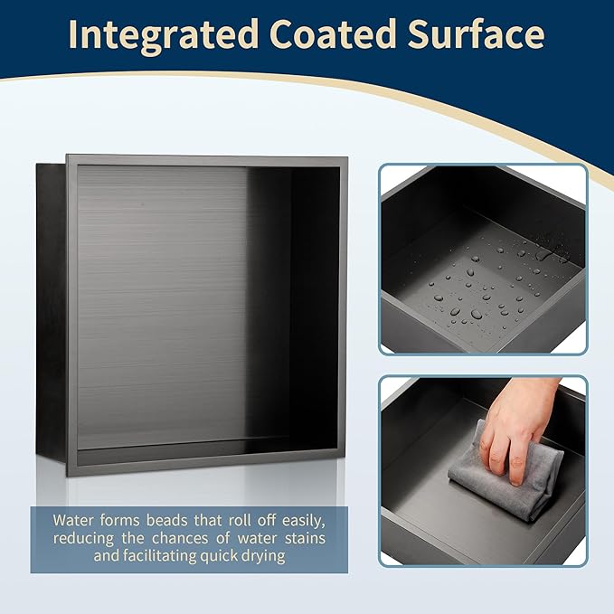 12x12 Shower Niche Insert Tile Ready, Stainless Steel Brushed Black Recessed Wall Cabinet, Waterproof Wall Niche for Shower Wall, No Tile Needed Storage Organizer