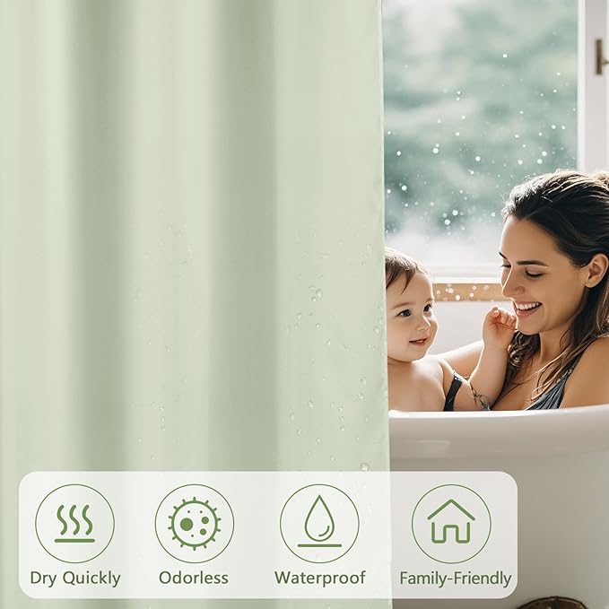 Waterproof Fabric Long Shower Curtain Liner with 3 Extra-Large Magnets, 72 x 78 inch Extra Long Green Cloth Shower Liner Machine Washable, Hotel Quality Lightweight Shower Curtain for Bathroom
