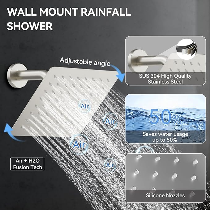 Shower Systems Brushed Nickel Shower Faucet Sets,Bostingner 4 Modes 10+6" Double Rain Shower Head with 2 in 1 Handheld Spray and 4Pcs Body Jets,Shower Set with Diverter and Trim Kit Complete