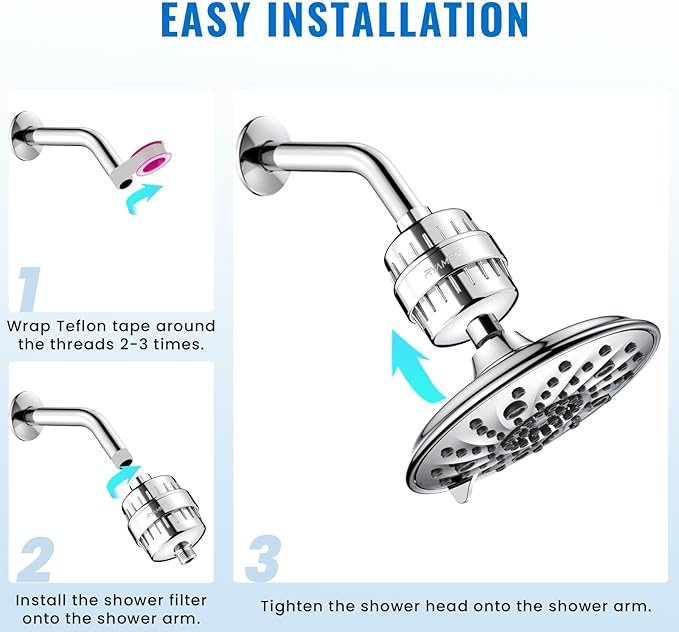 Ryamen Heavy Duty Shower Filter, Shower Water Filter, 99% REMOVAL Shower Head Filter for Hard Water, Heavy Metals, Chlorine (2 Cartridges, Silver)