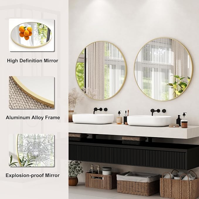 32 Inch Round Bathroom Mirror - Black Wall Mounted Circle Mirror with Metal Frame, Modern Round Hanging Mirror Suitable for Bathroom, Vanity, Entryway, Living Room