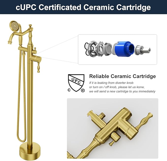 Brushed Gold Bathtub Faucet Freestanding Tub Filler High Pressure Single Handle Bathtub Filler Floor Mounted Brass Bathroom Tub Faucets with Handheld Shower