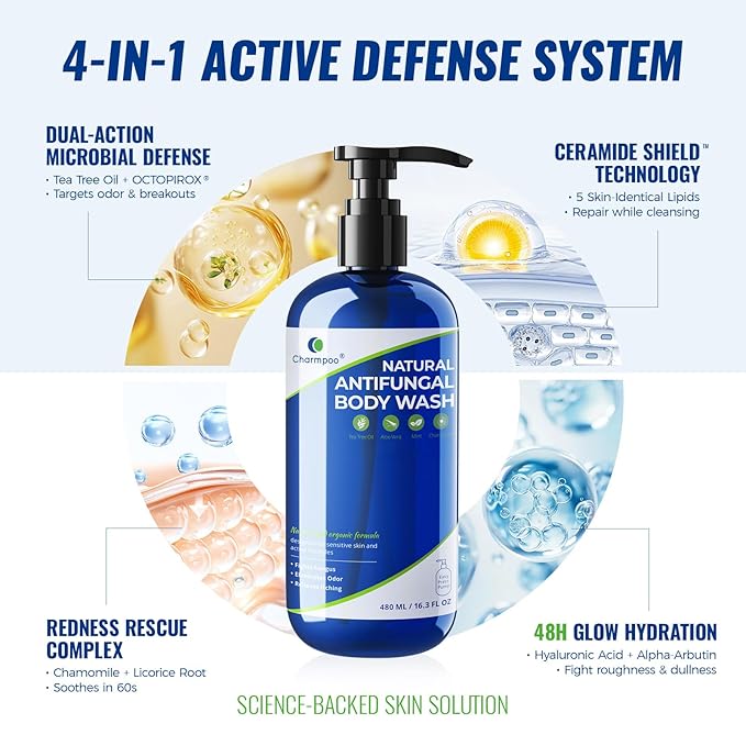 Natural Antifungal Body Wash: Tea Tree & Aloe Vera Formula for Itchy Sweaty Skin – Fights Athlete’s Foot Jock Itch Ringworm – Sensitive Skin Safe (16.3 FL OZ)