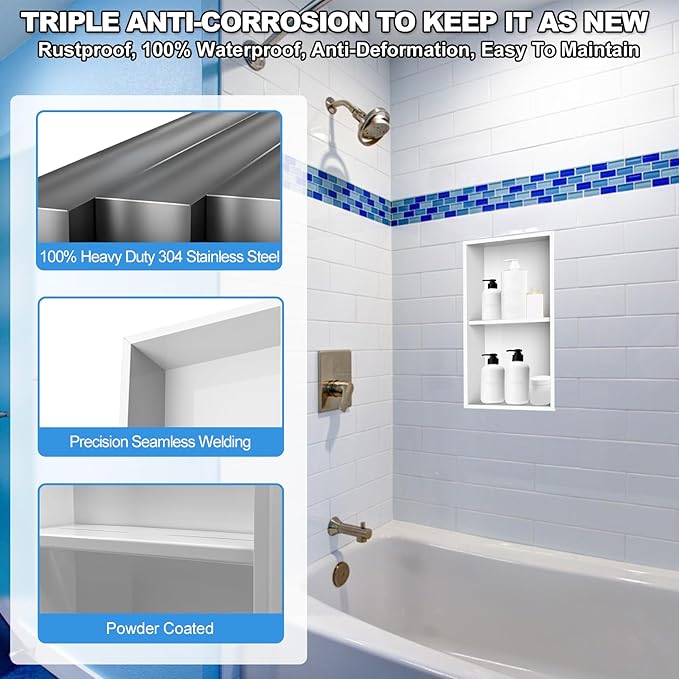 304 Stainless Steel Shower Niche Insert-Glossy White 24 x 12" No Tile Needed Bathroom Niche for Shower Wall-Double Shelves Built in Shower Shelf-Waterproof Recessed Cabinet for Bathroom Living Room