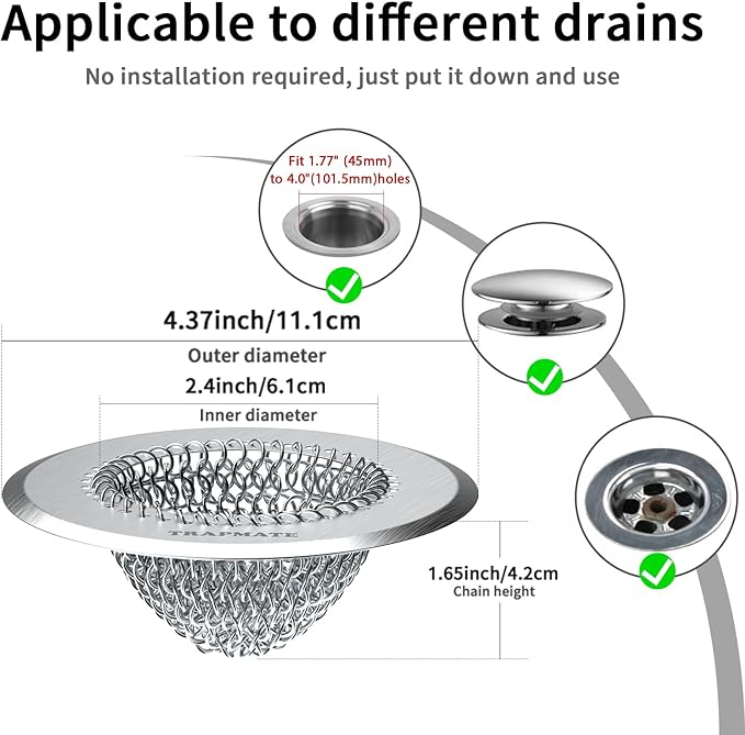 TRAPMATE 2 Pack Bathroom Sink Drain Strainer, 4.4" Fast Drainage Shower Drain Hair Catcher, Anti-Slip Bathtub Drain Hair Catcher, Stainless Steel Shower Drain Cover for Tub, Sink (Patented Product)