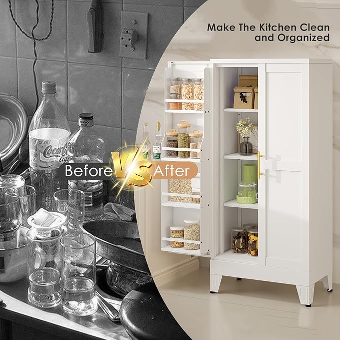 48" H Metal Kitchen Pantry Storage Cabinet, Freestanding Cupboard Storage Cabinet with Doors and Adjustable Shelves, Large Stand Up Food Cupboard for Living Room, Dinning Room, White