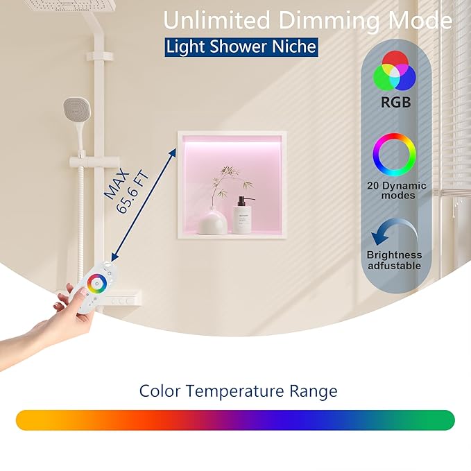 12X12 RGB Shower Niche, White Stainless Steel LED Recessed Storage, No Tile Needed Wall Niche for Bathroom Storage Built-in Installation