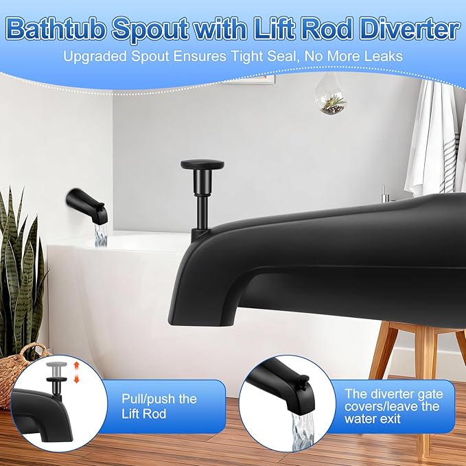 3 Piece Bathroom Fixture Set in Matte Black Shower Arm with Flange, Bathtub Drain, and 5-1/4 Inch Tub Spout Complete Upgrade Kit for Modern Bathrooms