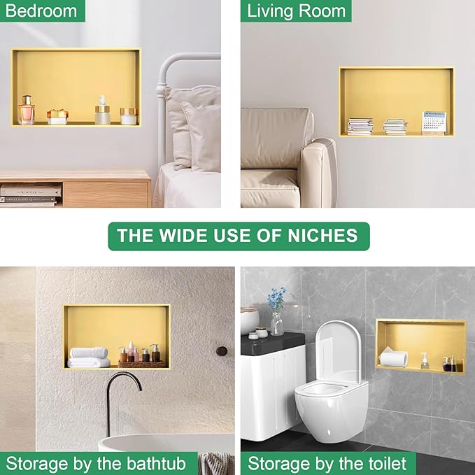 SaniteModar Shower Niche, Stainless Steel Shower Niche 12" X 24" No Tile Needed, Recessed for Bathroom Storage, Brushed Gold (Brushed Gold, 12x24)