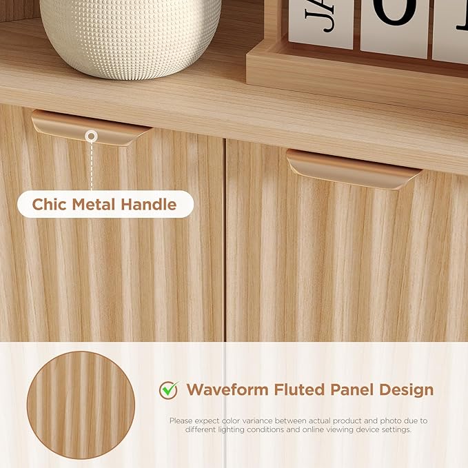 Fameill Tall Corner Cabinet with 2 Doors and 2 Open Storage Shelves, 68” Corner Storage Cabinet with Fluted Door Design, Home Space Saver for Living Room, Bathroom, Kitchen, Laundry, Natural Oak Color