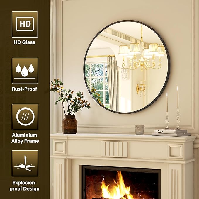 36 Inch Round Mirror - Circle Mirrors for Bathroom, Entryway and Living Room Wall Decor, Modern Hanging Vanity Mirror, Matte Black Circle Decorative Wall Mirror