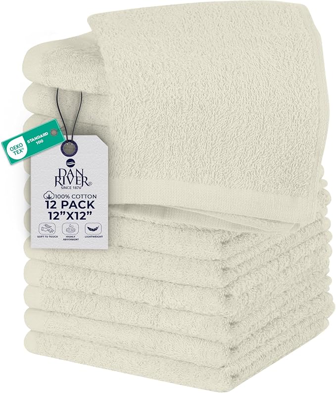 DAN RIVER 12 Pack Wash Cloths for Showering [12x12] - 100% Cotton Washcloths Premium Quality Flannel Face Cloths for Bathroom, Highly Absorbent and Soft Feel Wash Clothes, Ivory