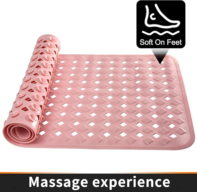 Yimobra Non Slip Bath Mat, Super Strong Suction Cups,34.5"x15.5"Long Tub Mat with Drain Holes, Machine Washable Fast Draining Shower Mats, Bathroom Essentials,Pink