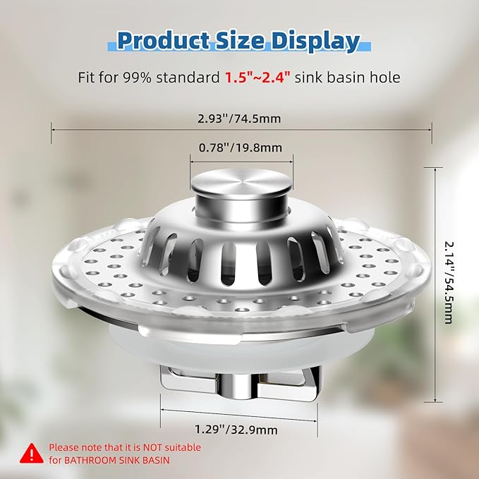 Metal 2 Pack Bathtub Drain Stopper with Top Hair Catcher, Visible Top Strainer Tub Stopper, Upgraded 3 in 1 Pop-up Drain Plug Fit for 1.5 to 2.4" Hole, Stainless Steel Filter Basket