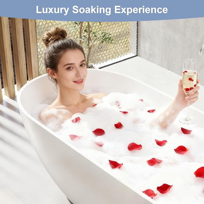 63 Inch Solid Surface Freestanding Bathtub, Oval Shaped Soaking Stone Resin Bath Tub with Brushed Overflow and Drain, Matte White Stand Alone Bathtub, cUPC Certified