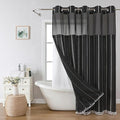 No Hook Extra Long Shower Curtain Set with Snap-in Liner,Linen Textured Thick Striped Fabric with Tassels,Boho Chic Modern Farmhouse Bathroom Curtain,Water-Repellent,Black,71x86