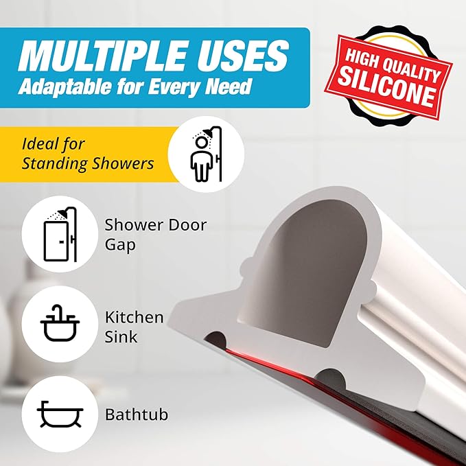 Shower Threshold Water Dam Barrier 60" Rounded - White Collapsible Shower Water Blocker - Guard for Walk in Shower - Water Guard Stopper for Floor - Shower Door Water Blocker - Wheelchair Accessible