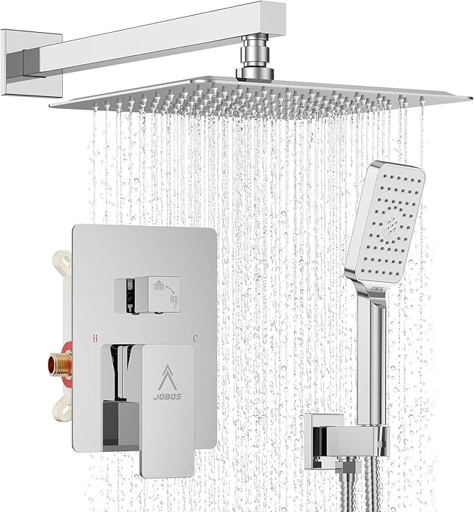 Rain Shower System 10IN Modern Brass Faucet Set With Valve and Diverter Shower Mixer With Handheld High Pressure Square Rainfall Shower Valve (10'' Wall Mount, Chrome Polished)