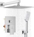 Rain Shower System 10IN Modern Brass Faucet Set With Valve and Diverter Shower Mixer With Handheld High Pressure Square Rainfall Shower Valve (10'' Wall Mount, Chrome Polished)