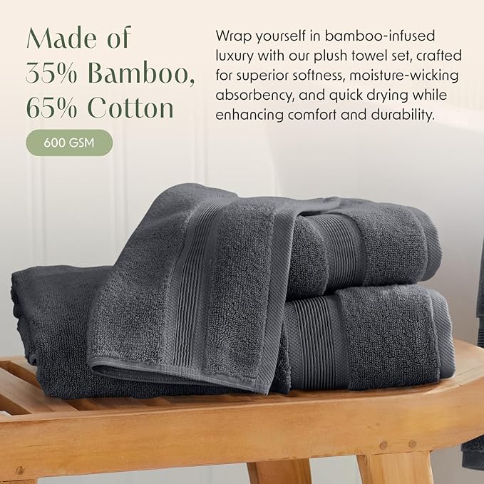 Springtree Home Luxury Viscose from Bamboo Bath Towel Set 6 Piece Set | 35% Viscose from Bamboo - 65% Cotton | Absorbent Quick-Dry Towels for Bathroom | Oeko-TEX Standard 100 Cotton | Iron Grey