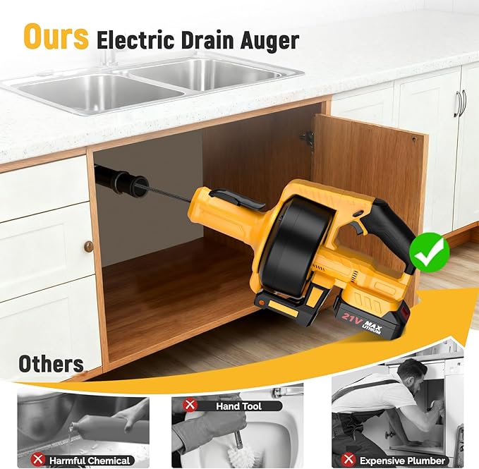 Electric Drain Auger, 21V Cordless Drain Snake, 25Ft Auto-Feed Snake Drain Hair Removal Tool with 2.0Ah Battery, Sink Snake Drain Cleaner for Sewer, Kitchen, Shower 3/4"-2.95" Pipes(Bag&Gloves&Rag）