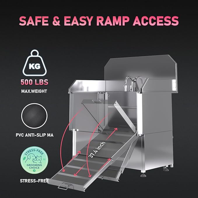 Dog Washing Station – 50 inch Professional 304 Stainless Steel Grooming Tub w/Ramp, Drawer, Faucet & Floor Grate, Dog Bathing Station for Large, Medium & Small Pets, 19" Leak-Proof Deep Soak